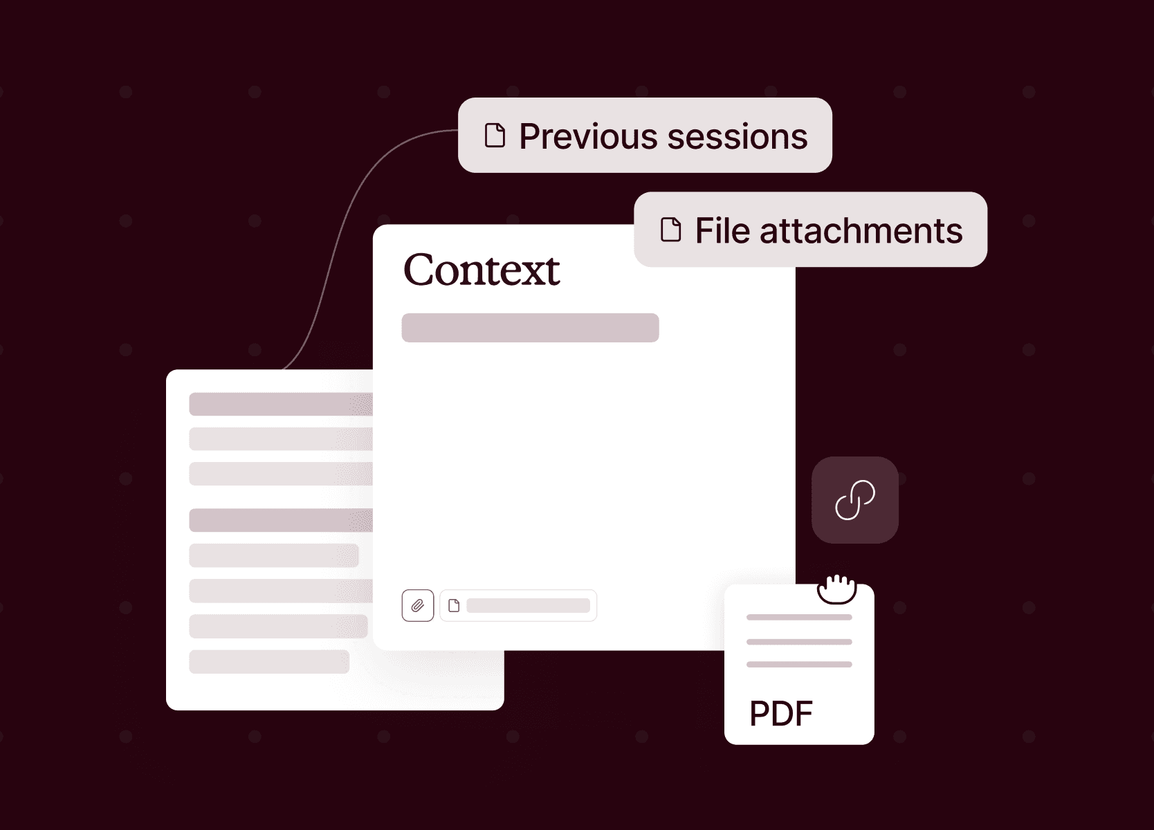 Interfaccia che mostra un documento “Contesto” con le etichette correlate “Sessioni precedenti” e “Allegati”, e un file PDF.